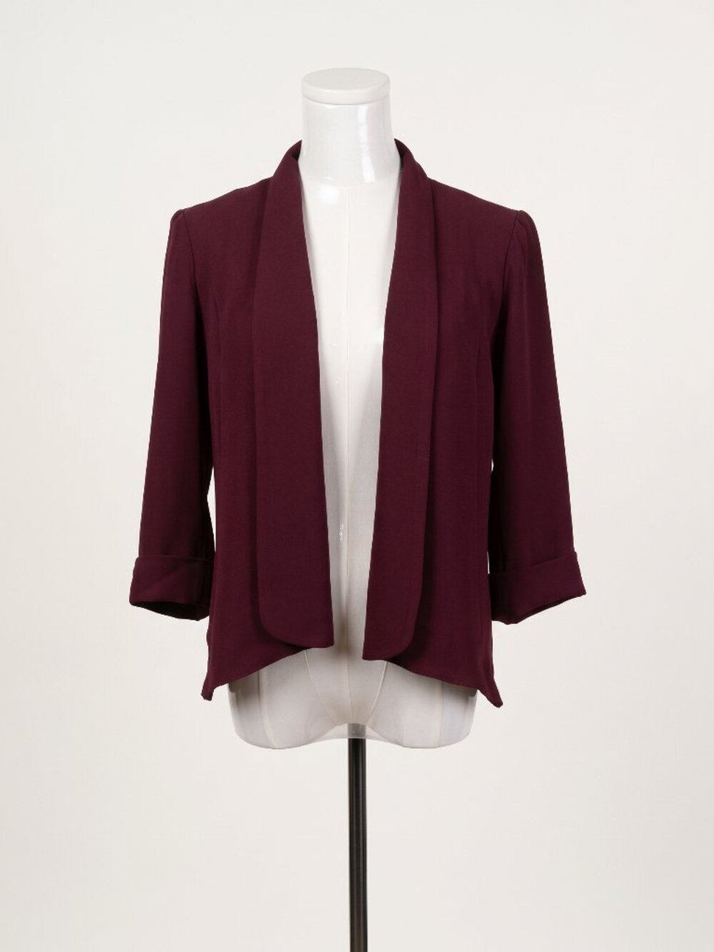 Alberto Makali Burgundy Wine Crepe Shawl Collar Open Front 3/4 Sleeve Blazer S